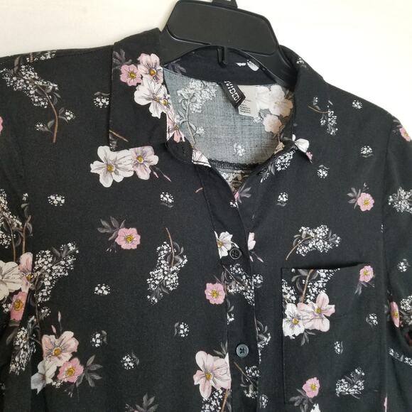 Divided Women's Mini Black Floral Dress Button Up Long Cuffed Sleeves Size 6 - Picture 2 of 10